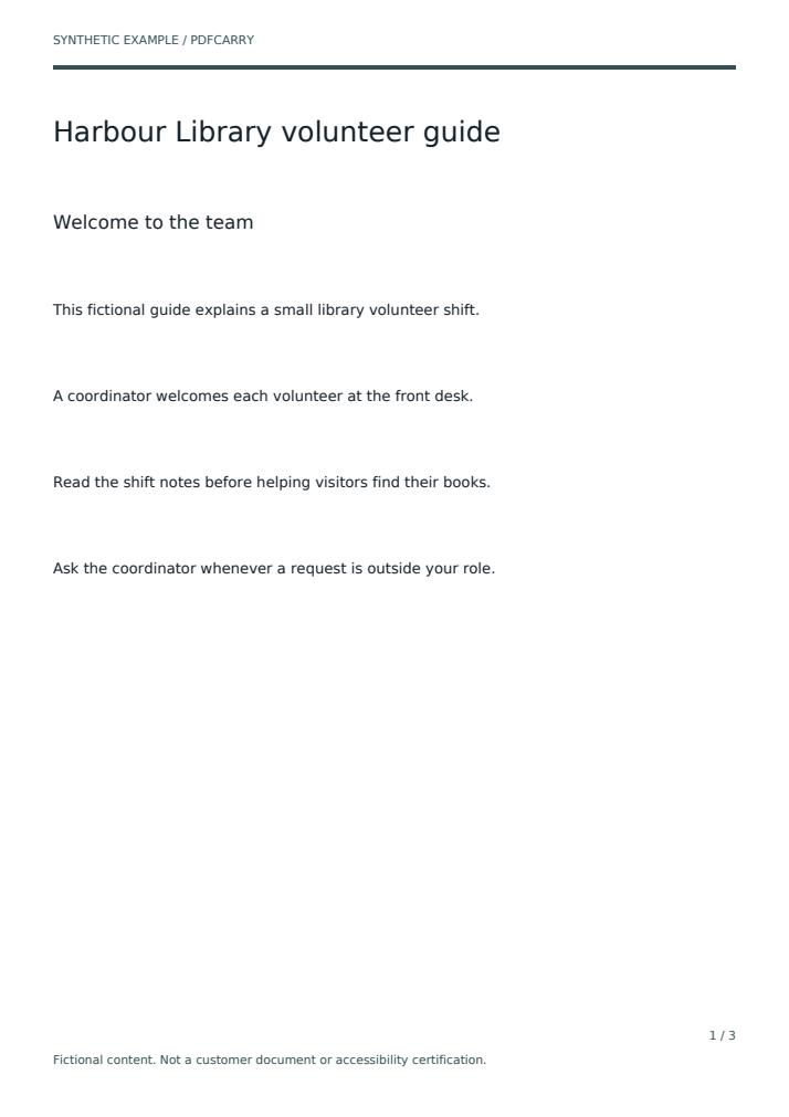 Page 1 of the baseline guide. A thin teal rule under a small header, then the heading Harbour Library volunteer guide, the subheading Welcome to the team, and four short paragraphs about a volunteer shift. A footer notes the content is fictional.