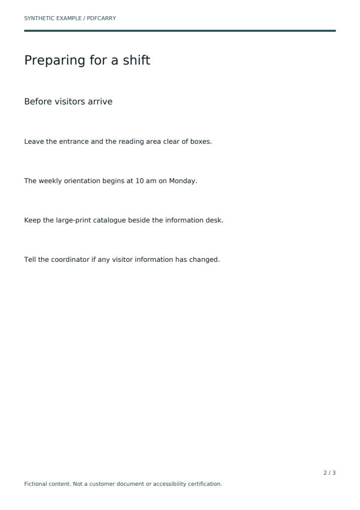 Upper part of page 2 of the baseline guide: the heading Preparing for a shift, the subheading Before visitors arrive, and four short paragraphs. The second reads: The weekly orientation begins at 10 am on Monday.