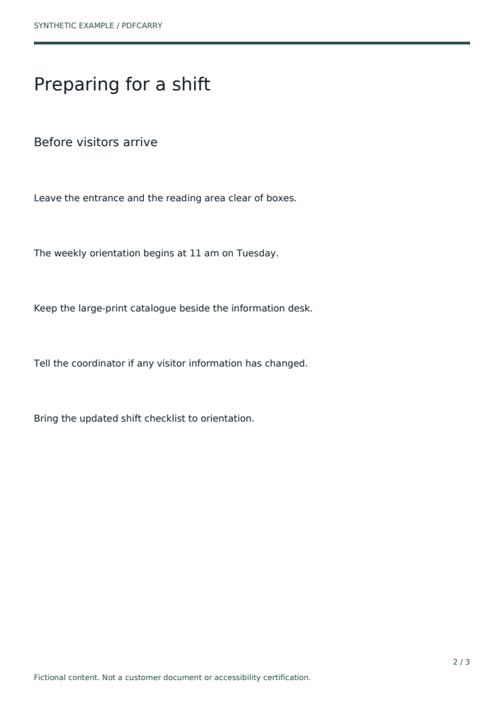 Upper part of page 2 of the revision: the same heading and subheading, now five paragraphs. The orientation sentence reads 11 am on Tuesday, and a new final paragraph reads Bring the updated shift checklist to orientation.